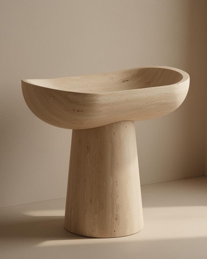 Travertine basin in a soft-lit bathroom