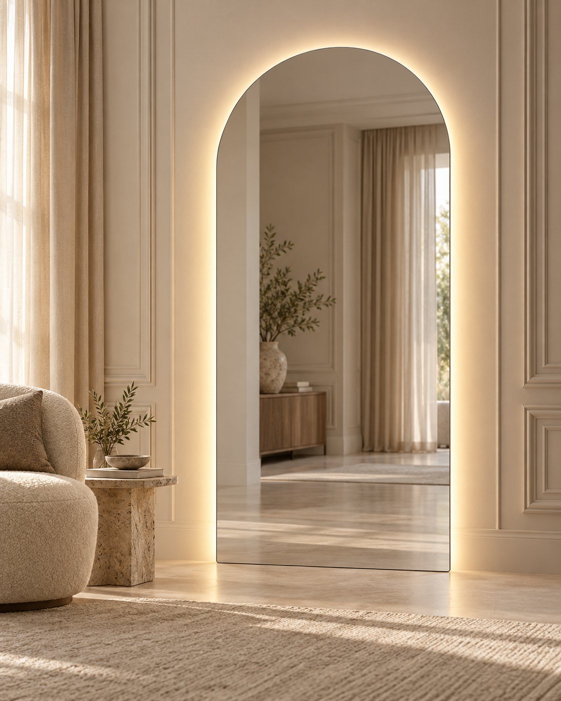 Alara full-length arched LED mirror in a living room