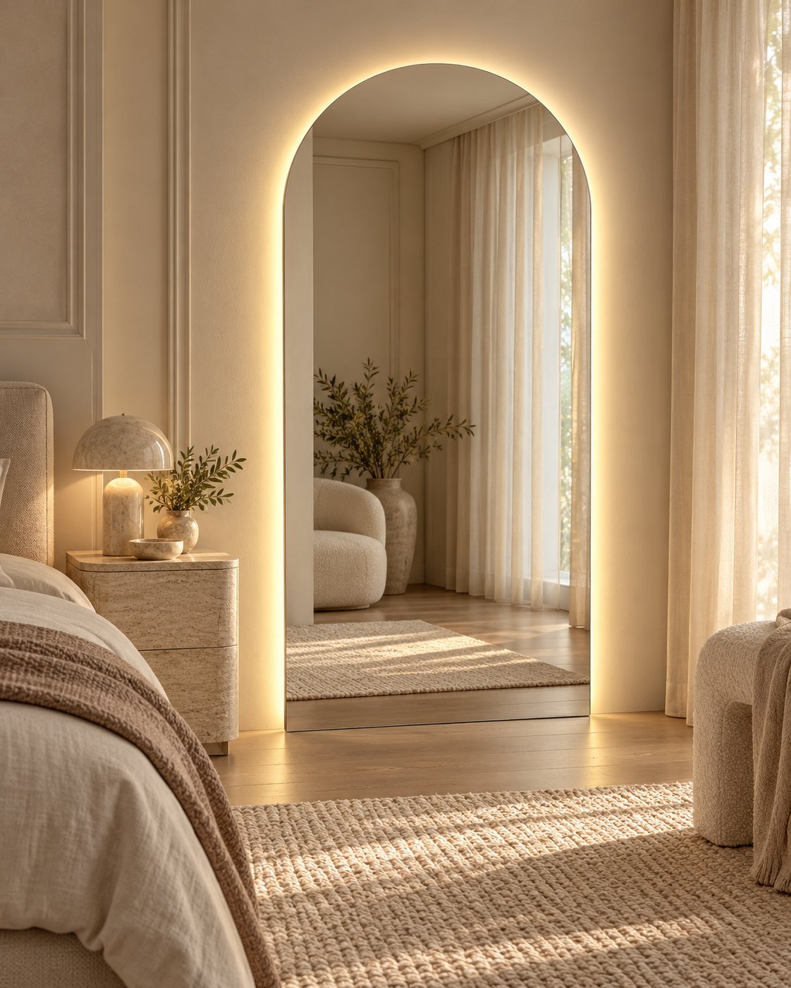 Alara full-length arched LED mirror in a bedroom