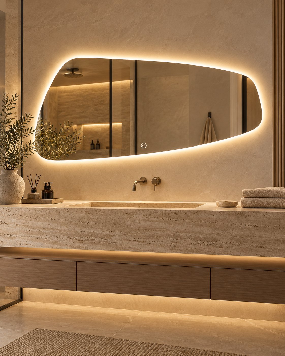 Alya organic LED mirror above a stone vanity