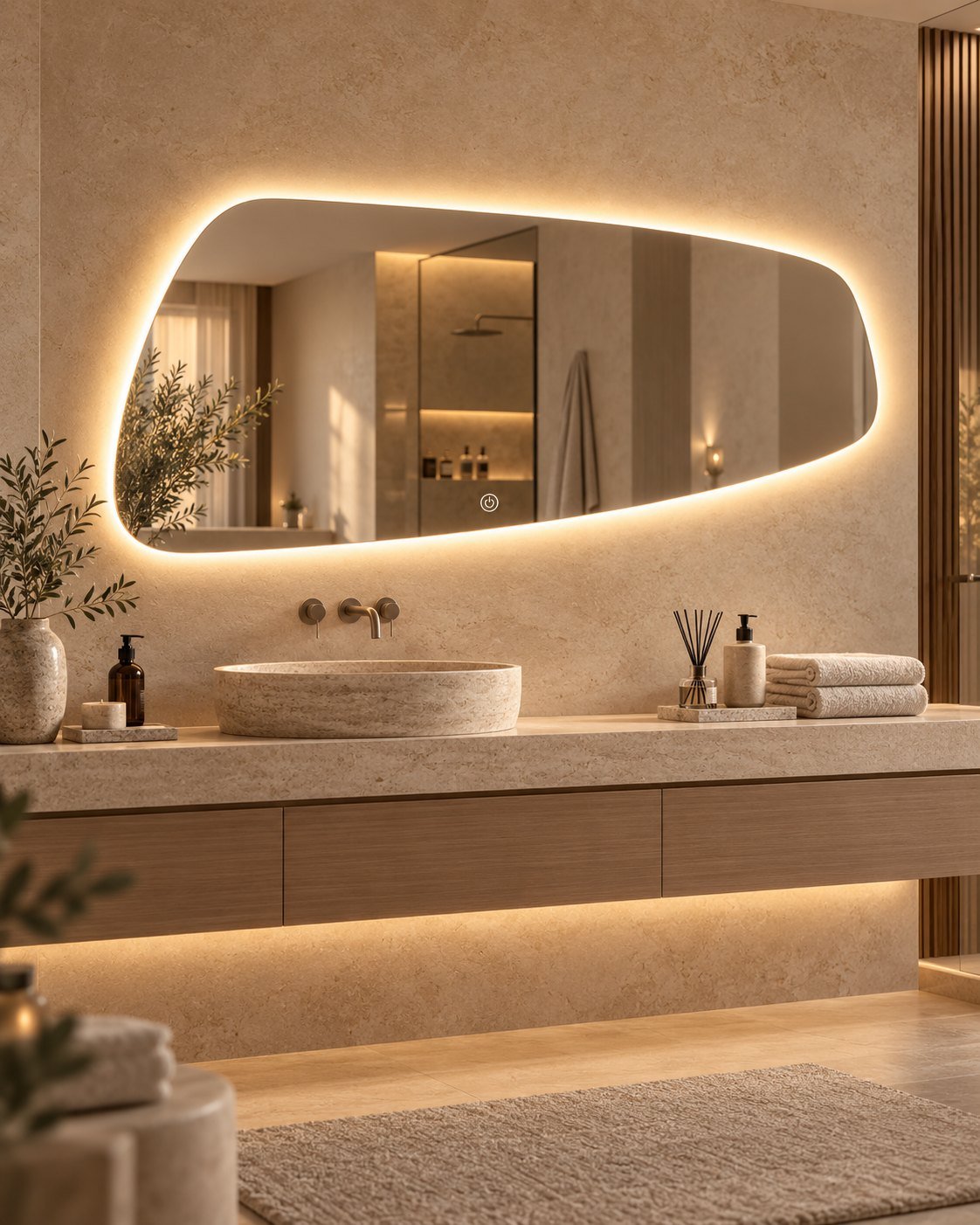 Alya organic LED mirror above a vessel basin