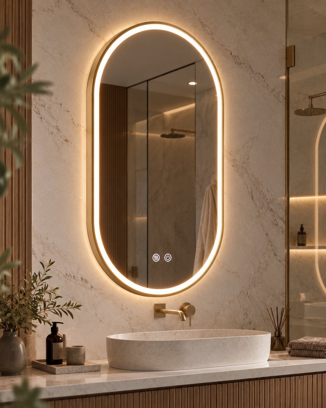 Aria Gold LED mirror above a stone basin in a marble bathroom
