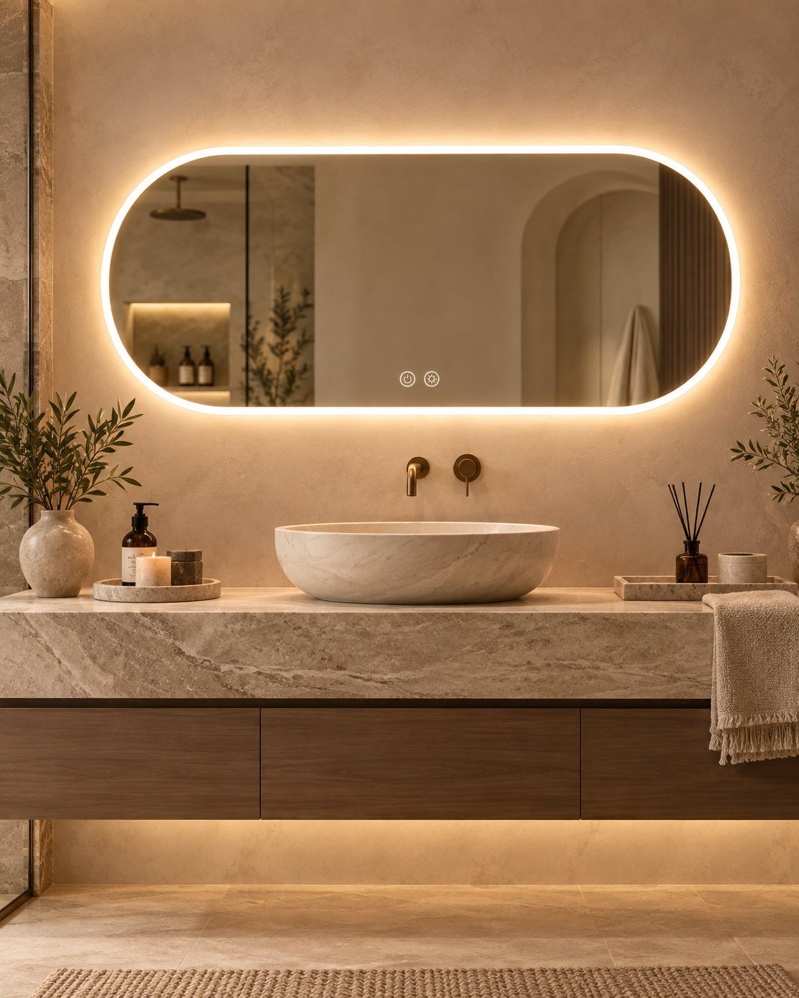 Elara horizontal pill LED mirror above a stone vessel basin