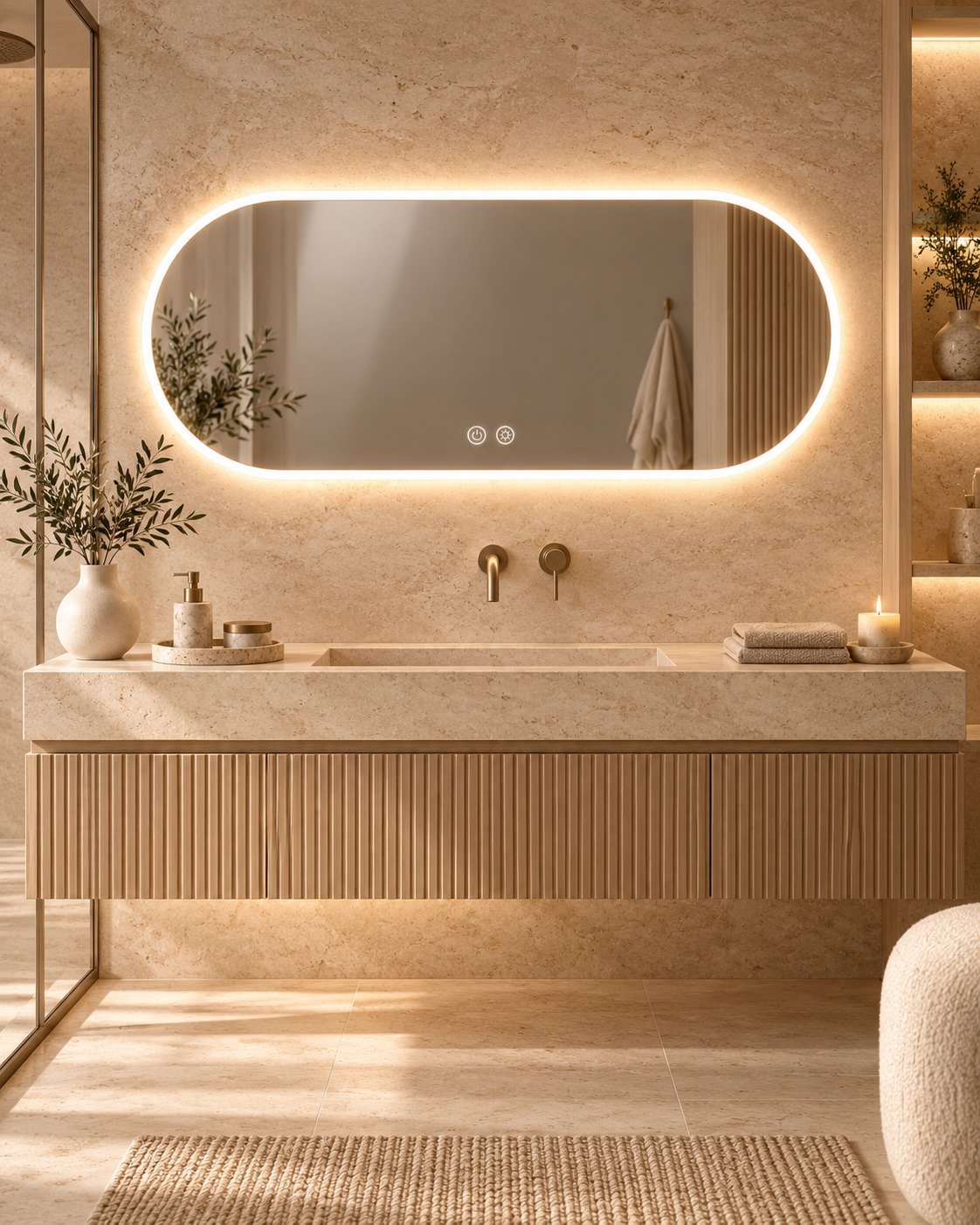 Elara horizontal pill LED mirror in a travertine bathroom