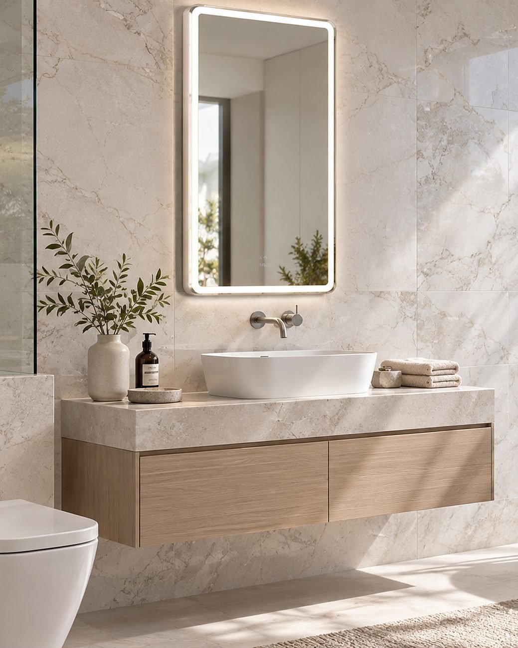 Marble bathroom with a lit rectangular mirror, timber vanity and freestanding bath