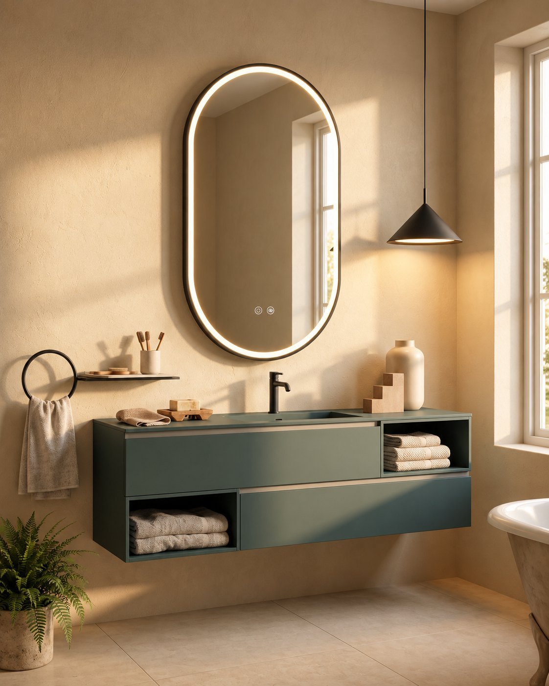 Onyx black frame LED mirror above a green floating vanity