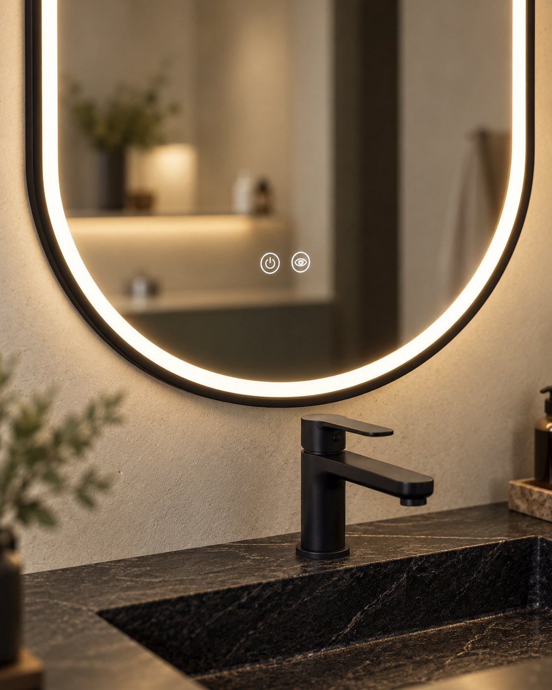 Close-up of the Onyx LED mirror touch controls above a black basin